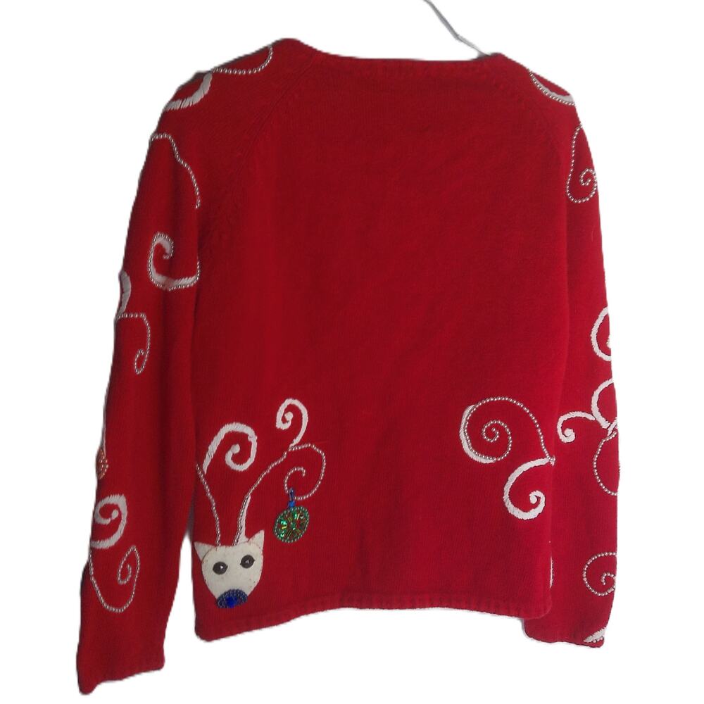 Vtg Michael Simon Red Reindeer Christmas Sweater Cardigan Beaded Wearable Art S - Picture 2 of 7
